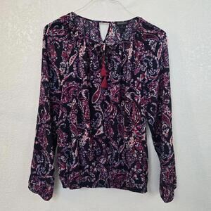 Lucky Brand Women Boho Blouse Blue Purple Tessle  Floral Ruffle Paisley V-neck M